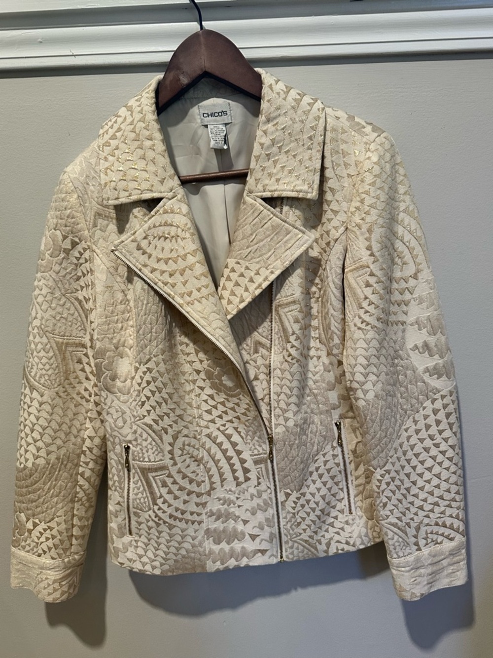Chico's Cream Textured Embossed Moto Jacket